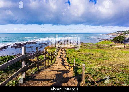 Vista verso la Fitzgerald riserva marina a bassa marea dal percorso sulle scogliere, Moss Beach, California Foto Stock