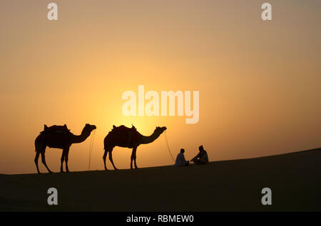 I cammelli e custodi, Sam dune di sabbia del deserto, Jaisalmer, Rajasthan, India, Asia Foto Stock