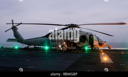 Mare Arabico - STATI UNITI Marines con Lima Company, Battaglione Team di atterraggio 3/1, 13 Marine Expeditionary Unit (MEU), preparare una corda veloce da un MH-60S Seahawk attaccato al "blackjack" di elicottero di mare squadrone di combattimento (HSC) 21, Essex anfibio gruppo pronto (ARG), a bordo del Wasp-classe assalto anfibio nave USS Essex (LHD 2), Gennaio 9, 2019. L'Essex è il fiore all' occhiello per la Essex ARG e, con l'avviato XIII MEU, è distribuito negli Stati Uniti Quinta Flotta area di operazioni a sostegno di operazioni navali per garantire stabilità marittimo e la sicurezza nella regione centrale di collegamento del Mediterraneo un Foto Stock