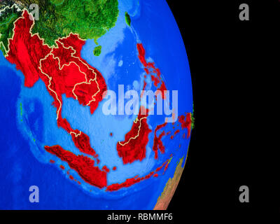 L'ASEAN memeber membri sul modello realistico del pianeta Terra con i confini e molto dettagliata della superficie pianeta. 3D'illustrazione. Gli elementi di questa immagine Foto Stock