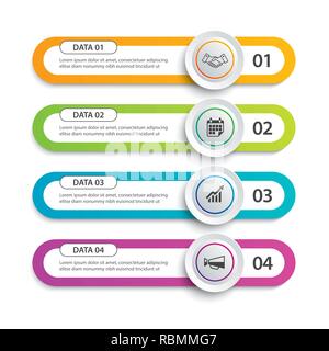Cerchio Infographics e tab index in carta orizzontale con 4 modello di dati. Illustrazione Vettoriale sfondo astratto. Può essere utilizzato per il layout di flusso di lavoro, Illustrazione Vettoriale