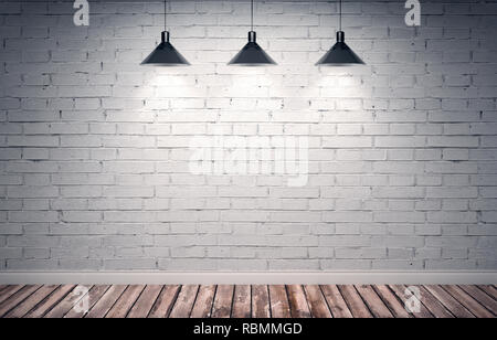 3D rendering illustrazione della grande e moderna stanza vuota con il bianco muro di mattoni grezzi e pavimento in legno. Lo showroom della metropolitana. Tre lampade in metallo con directio Foto Stock