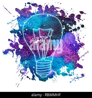 2d disegnati a mano illustrazione di Edison la lampadina. Colorato splash isolato acquerello. Schizzo di inchiostro, doodle su sfondo bianco. Idea e il concetto di soluzione. Foto Stock