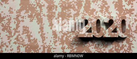 2020 Anno Nuovo e esercito. Uniforme militare segno di pattern, numero 2020, banner, copia dello spazio. 3d illustrazione Foto Stock