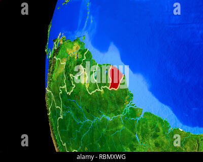 Guiana francese dallo spazio sul modello realistico del pianeta Terra con i confini e dettagliata pianeta superficie. 3D'illustrazione. Gli elementi di questa immagine Foto Stock