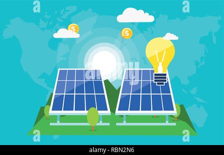 Grafica creativa delle batterie solari con lampade e battenti dollar monete mostra innovativo mondo verde Illustrazione Vettoriale