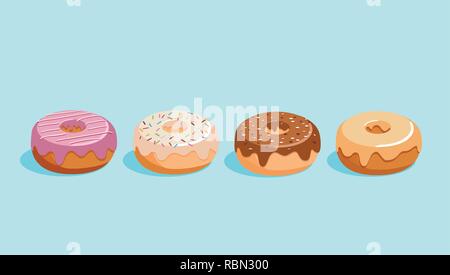 Donut set vettore isolato su uno sfondo blu. Donuts raccolta con glassa di zucchero con il bianco e il cioccolato fondente, fragola e caramello Illustrazione Vettoriale