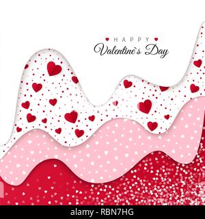 Happy Valentines Day greeting card. Rosso strati ondulati decorato bianco cuori. Sarchiatura romantico Design. Sfondo con ornamenti e cuori. Vector illu Illustrazione Vettoriale