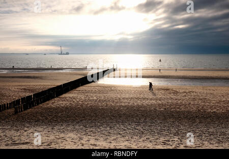 Giovane passeggiate sulla spiaggia del mare del Nord nella luce del sole, Vlissingen Foto Stock