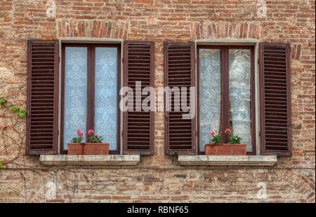 Fotografia di due vedove con argilla vasi di fiori bianchi e tende di pizzo contro un esposto, weathered muro di mattoni. Foto Stock