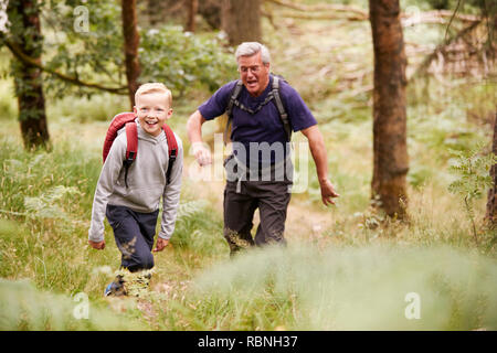 Nonno e nipote escursionismo in una foresta tra il verde, il fuoco selettivo Foto Stock