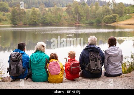 Multi generazione famiglia seduti insieme ammirando la vista sulla riva di un lago, vista posteriore, Lake District, REGNO UNITO Foto Stock