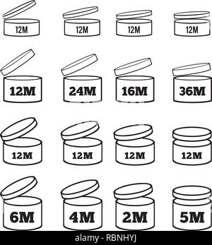 Il segno della vita di scaffale di cosmetici e di altre merci. Periodo dopo l'apertura. PAO. Set di icone di vari spessori e con angoli diversi per il vostro design. Vettore Illustrazione Vettoriale