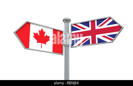 Canada e Regno Unito guidepost. Muovendosi in direzioni diverse. Il rendering 3D Foto Stock