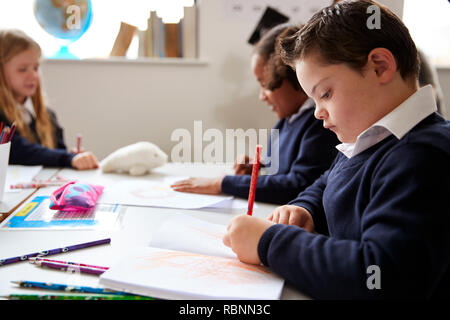 Pre-teen scuola ragazzo con la sindrome di Down seduti ad una scrivania iscritto in una scuola primaria di classe, vicino, vista laterale Foto Stock