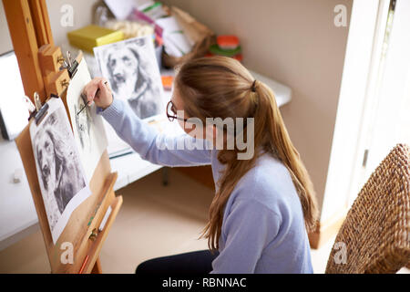 Vista laterale di un adolescente di sesso femminile artista seduto al cavalletto disegno immagine del cane da fotografare in carbone di legna Foto Stock