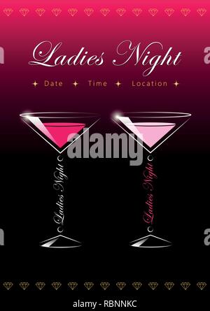Signora party night flyer design modello con due cocktail vetro illustrazione vettoriale EPS10 Illustrazione Vettoriale