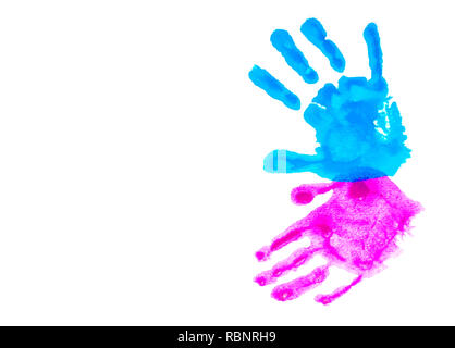 Colorata per bambini handprints isolato su bianco con copia spazio. Mondo autismo consapevolezza giorno concetto. Foto Stock