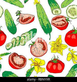 Il cetriolo e pomodoro seamless pattern. Sfondo vegetale. Isolato di cetrioli e pomodori interi e fette di pezzi. Illustrazione Vettoriale Illustrazione Vettoriale