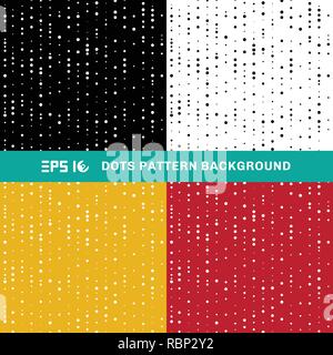 Set di astratta geometrica pattern a punti di cerchi di dimensioni casuali su bianco e nero, giallo, rosso sfondo. Illustrazione Vettoriale Illustrazione Vettoriale