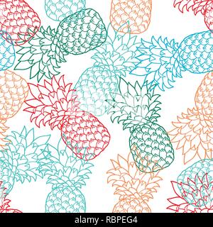 Modello senza cuciture con ananas il colore di contorno. Ananas su sfondo bianco Illustrazione Vettoriale