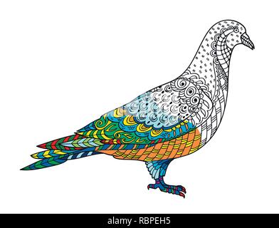 Disegno colomba stilizzata (piccioni). Disegno a mano libera per adulti anti stress libro da colorare per adultpage con doodle e elementi zentangle Illustrazione Vettoriale