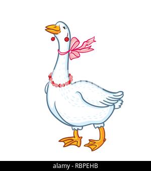 Oca Bianca con rosa bowknot isolati su sfondo bianco, cartoon funny goose, pollame Illustrazione Vettoriale