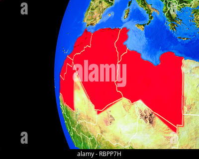 Regione del Maghreb dallo spazio sul modello realistico del pianeta Terra con i confini e dettagliata pianeta superficie. 3D'illustrazione. Gli elementi di questa immagine Foto Stock