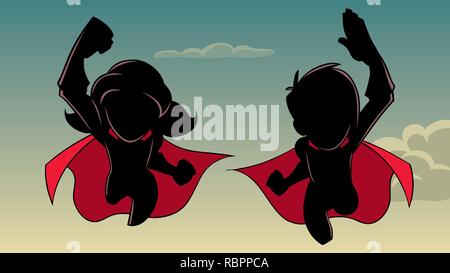 Silhouette volante ragazzo e ragazza Illustrazione Vettoriale