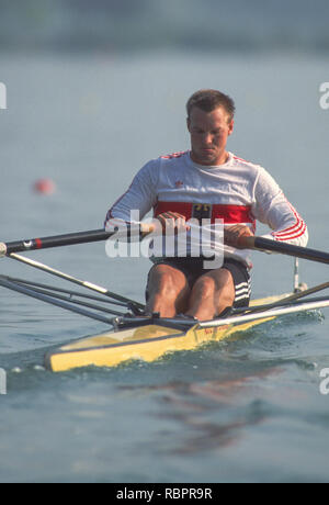 Olimpiadi di Barcellona 1992 - lago di Banyoles, Spagna, GER M1X. Thomas Lange, [Obbligatorio Credito: Pietro Spurrier/Intersport immagini]. Foto Stock