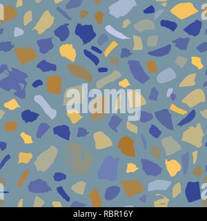 Una texture di terrazzo piastrella senza giunture con ciottoli e pietre. Abstract vettore blu sullo sfondo. Illustrazione Vettoriale