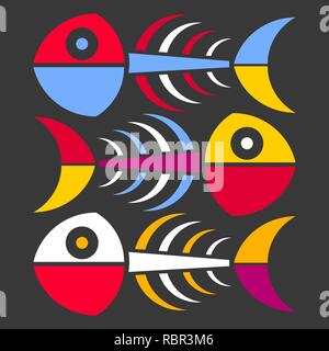 Lo scheletro di astratta di un pesce su uno sfondo nero. Sfondo astratti per l'interior design. Illustrazione Vettoriale