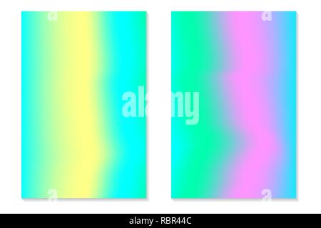 Ologramma di gradiente sfondi. Set di coloratissimi poster olografici in stile retrò. Neon vibranti texture pastello. Il vettore gradiente per modello flyer BA Illustrazione Vettoriale