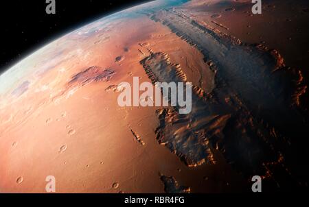 Illustrazione di una vista obliqua del gigante Valles Marineris canyon sistema su Marte. Le Valles Marineris è di oltre 3000 km di lunghezza e fino a 8 km di profondità, rimpicciolendo il Grand Canyon di Arizona. I canyon sono state formate da una combinazione di faulting geologica, frane ed erosione di vento e di antichi flussi di acqua. La vista è guardando ad ovest, da un'altitudine di circa 2000 km, e mostra il canyon riempito con bassa altitudine la nebbia e cloud. Foto Stock