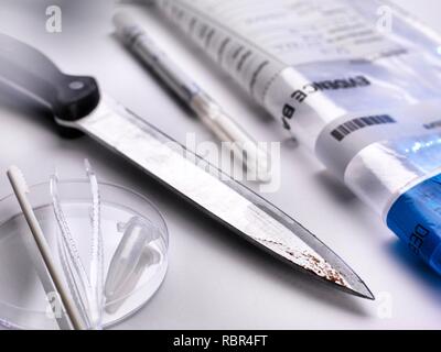 Prove forensi collezione. Un coltello che sta per essere prelevati mediante tampone per DNA (acido desossiribonucleico) e altre prove forensi. Foto Stock