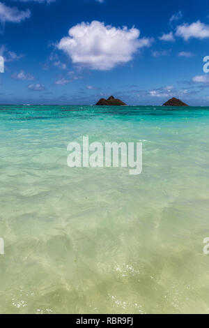 Limpide acque turchesi e due isole vista a Lanikai beach, Oahu, Hawaii Foto Stock