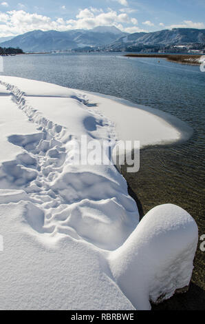 La nevicata sul lago Tegernsee Foto Stock