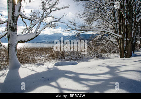 La nevicata sul lago Tegernsee Foto Stock