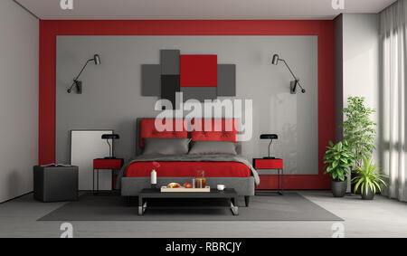 Rosso e grigio, moderno e la camera da letto principale con letto doppio e tavolo da caffè con colazione - il rendering 3D Foto Stock