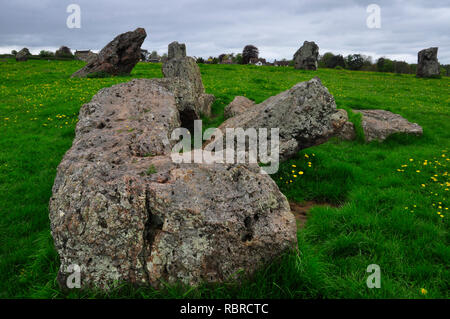 Stanton Drew circoli di pietra.vicino al villaggio nel Somerset. Ci sono tre cerchi in pietra a Stanton Drew. Il grande cerchio, a 113 metri di dia. Foto Stock