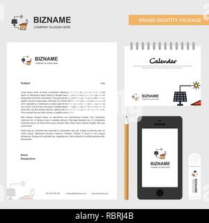 Pannello solare carta intestata aziendale, calendario 2019 e Mobile app design template vettoriale Illustrazione Vettoriale