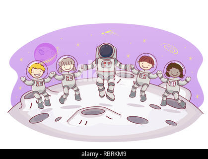 Illustrazione di Stickman Kids astronauta tenendo le mani e galleggiante sulla luna Foto Stock