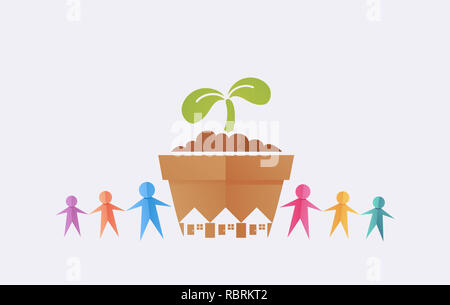 Illustrazione di una pianta in vaso con le case e le persone carta Ritagli Foto Stock