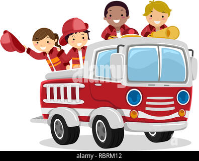 Illustrazione di Stickman Kids come vigile del fuoco a cavallo di un camion dei pompieri Foto Stock