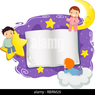Illustrazione di Stickman Kids in pigiama con le stelle, nuvole, Luna e un libro aperto Foto Stock