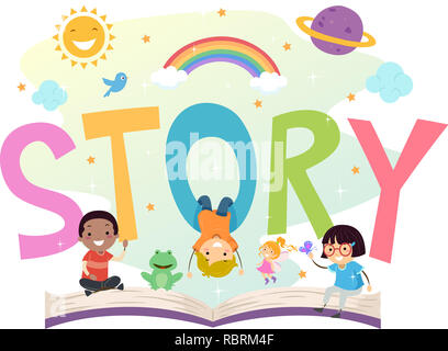 Illustrazione di Stickman i bambini con una storia aperta prenota con il sole arcobaleno, pianeta, rana e FATA Foto Stock