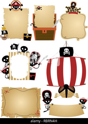 Illustrazione del pirata banner con spazio per il testo con le navi, cranio, scrigno, scheletri, Mappa vuota e il telaio Foto Stock