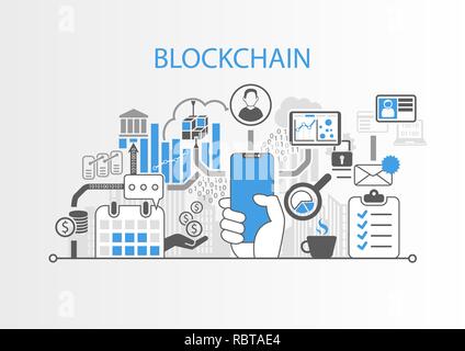 Concetto Blockchain con mano azienda cornice moderna gratuita smart phone Illustrazione Vettoriale