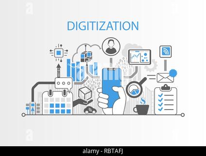 Concetto di digitalizzazione con mano azienda cornice moderna gratuita smart phone Illustrazione Vettoriale