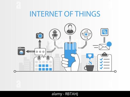 Internet delle cose concetto con mano azienda cornice moderna gratuita smart phone Illustrazione Vettoriale